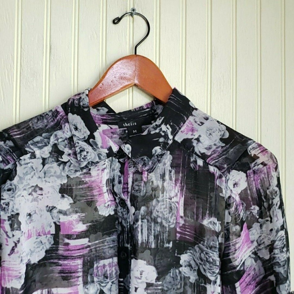 Thesis Blouse Womens M Multicolor Sheer Floral 3/4 Roll Tab Sleeve Tunic Top